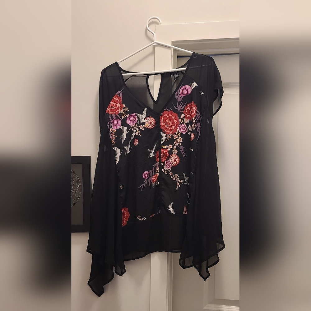 Torrid Black Blouse with Red Floral Design